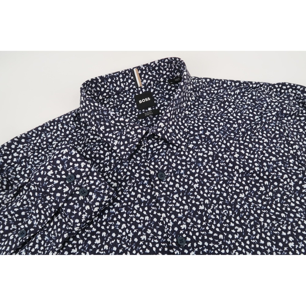 Hugo Boss Roan_F Button Down Shirt Mens XL Navy Blue Floral Slim Fit Stretch